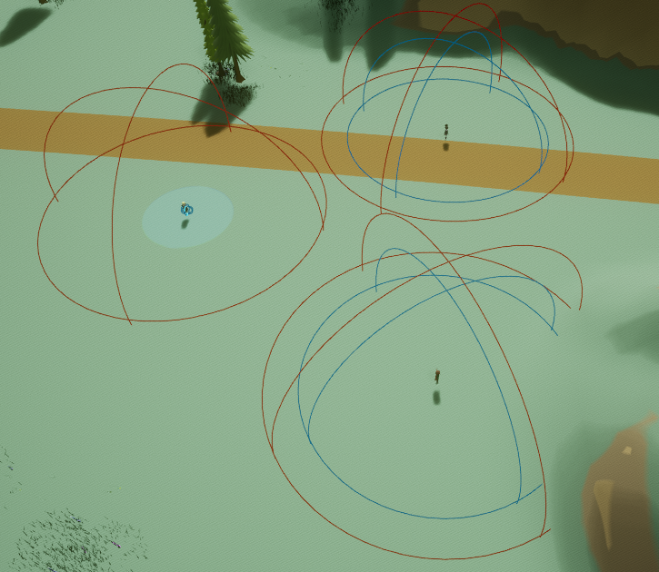 Three characters showing their vision and attack ranges