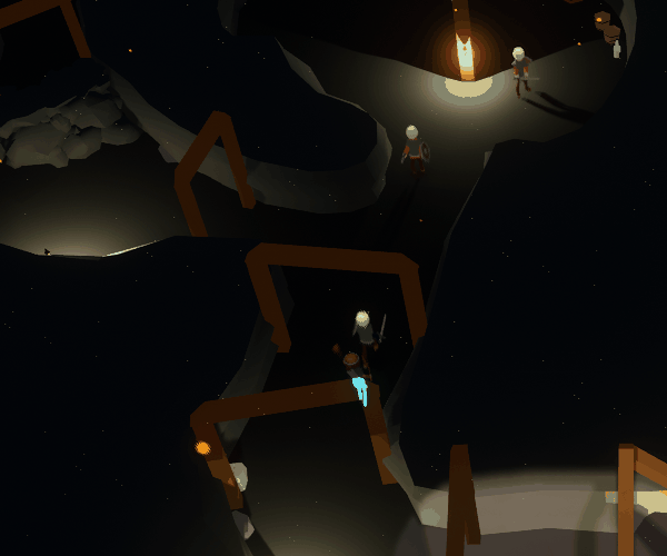 The player units battling bandits in a dimly lit mine