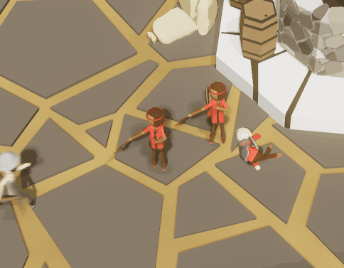 The Miner uses three skills in quick succession. They move toward the Archers quickly due to the Poor Sport skill triggering when they are hit by ranged attacks. The Ground Swell skill hits both Archers in a line, and lastly the Hilt Hit skill stuns the last Archer while they receive a pickaxe to the head